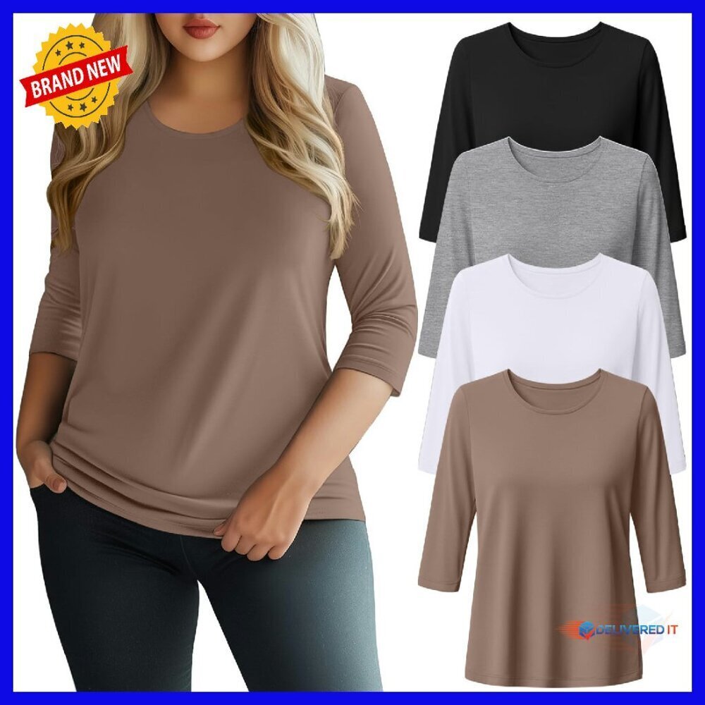 Plus Size 3/4 Sleeve Crew Neck Tees 4 Pack Loose Fit Basic Tops
